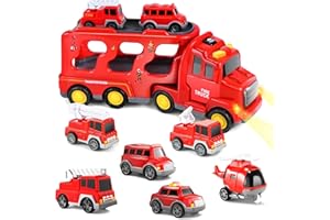 PATEMZON Camion Pompier, 7 en 1 Véhicule Pompier, avec Petite Voiture Enfant et Tatouage Enfant, Son et Lumière Camion Jouet, Véhicule de Transport, Cadeau pour Garçons Fille 1 2 3 4 5 6 Ans