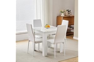 HOMULLEL 75x75 cm Small Dining Table and 4 Chairs, 4 Seater Table and Chairs Set Kitchen Dining Room Set for 4, Compact, Space Saving, Wooden, Glossing Tabletop Marble-White (4 Seats, PU Eggshell White)