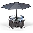 Savannah Rattan Dining Set | Round 4 Seater Grey Rattan Dining Set | Outdoor Poly Rattan Garden Table & Chairs Set | Patio Conservatory Wicker Garden Dining Furniture with Parasol & Cover