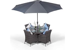 GIARDINO Savannah Rattan Dining Set | Round 4 Seater Grey Rattan Dining Set | Outdoor Poly Rattan Garden Table & Chairs Set | Patio Conservatory Wicker Garden Dining Furniture with Parasol & Cover