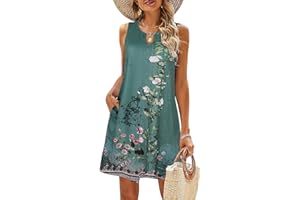 VEUNCOS Sommerkleid Damen Knielang Boho Ärmellose Tunika Kleid Freizeit Swing Strandkleider mit Taschen