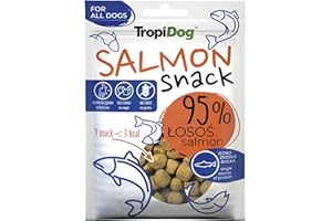 Snack per cani monoproteici con il 95% di salmone, senza cereali e conservanti, ideale per l'addestramento e l'igiene orale - TropiDog Snack Salmon 70g