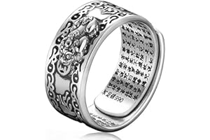 Kucheed Bague Feng Shui PiXiu Mantra, Bagues de Bonne Chance Bouddhistes en Argent,Bijoux Amulet Mantra,Protection Richesse Amour Santé Bande,Bagues Réglables Ouvertes Cadeau pour Hommes Femmes (B)