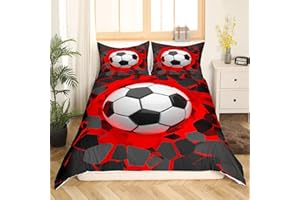 LOUSSIESD Juego de ropa de cama con diseño geométrico 3D de balón de fútbol, funda de edredón para niños y niñas, funda de edredón roja y negra, ropa de cama deportiva y de lino, 3 piezas, tamaño King, con