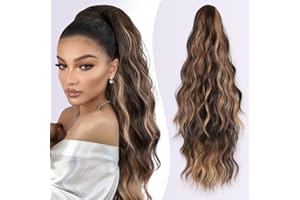 JIAMEISI Ponytail Extension 18 Inch Claw Clip Ponytail Hair Extensions Long Curly Wavy Highlight Clip in Pony Tails Extension Synthetic Fluffy Hairpiece for Women (Dark Brown Mixed Honey Brown)