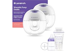 Lansinoh Wearable Electric Breast Pump Bundle - 4 Pumping Modes, 9 Suction Levels - Hands Free Portable & Quiet Pumping- LED Display - Includes 25 Breast Milk Storage Bags + Feeding Bottle (2 Pumps)