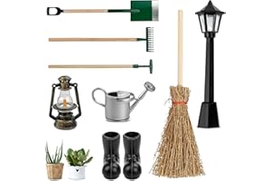 ENAIAH 8 Stück Miniatur Puppenhaus Gartengeräte,Mit Straßenlampe,Kehrbesen,Spaten,Stößel,Rechen,Gießkanne,Gummistiefel,Öllampe,Gartengeräte Mikrolandschaft,Für Puppenhaus Garten und Miniatur deko