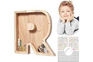 MoneRffi Personalized Letters Wooden Piggy Bank 23x23cm, A-Z Letters Coin Bank Money Box with Clear Alphabet Stickers, Money Saving Bank For Family Christmas Birthday DIY Gift Home Decoration