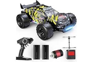 DEERC 1:14 Macchina Telecomandata Brushless per Adulti, 43MPH 4WD off-road con luci LED a 7 colori, ammortizzatori in metallo, 2 batterie 7,4V, trasmissione in metallo, 3 modalità luce.