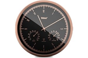 MEBUS Mały radiowy zegar ścienny TinyTime z termometrem i higrometrem | zegar ścienny bez odgłosów tykania | średnica 25 cm | nowoczesny cyferblat w kolorze czarnym | obudowa w kolorze miedzi | temperatura