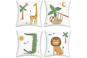 Bonhause 4er Set Kissenbezüge Tiere Dschungel 45 x 45 cm Giraffe Löwe Krokodil Faultier Samt Soft Dekorative Kissenhülle Zierkissenbezüge für Kinderbett Babyzimmer Dekoration
