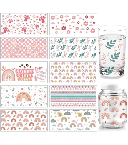 SOFPLATE Lot De 8 Autocollants Pour Gobelets En Verre - 8 Styles - Rose - UV DTF - En Plastique Transparent - Cœur - Fleur - Carré - Empreinte Carrée - Arc-en-ciel - Autocollants Imperméables Pour