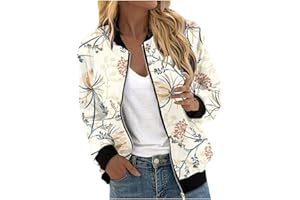 TRIGLICOLEUM Chaqueta bomber para mujer, chaqueta de primavera con estampado floral, chaqueta ligera de verano, cremallera corta, chaqueta de piloto, chaqueta fina de manga larga, chaqueta de entretiempo, chaqueta
