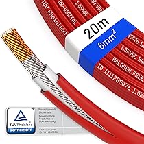 hb-digital 20m Zonnekabel, H1Z2Z2-K TÜV Rheinland getest 6 mm2 uv-bestendig flexibel PV-kabel puur koper 1500V fotovoltaïsche verlengkabel, voor zonnepanelen, omvormer, laadregelaar, rood