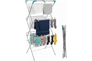MEOWN Clothes Airer with 20 Pegs Included, 3-Tier Foldable Laundry Drying Rack, Indoor/Outdoor Clothes Horse with 12M Drying Space, Freestanding Clothes Dryer with Non-Slip Feet, Folds Flat for Easy Storage