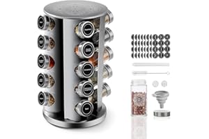 SXTIHD Estante giratorio de acero inoxidable para especias con 20 tarros redondos de 100 ml, etiquetas