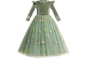 IDOPIP Automne Hiver Fleurs Fille Robe Velours Robe Noël Manches Longues Brodée Princesse Tulle Robe Fête Anniversaire Bal Officiel