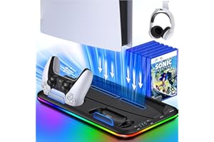 ElitePlay PS5 Cooling Station Stand with RGB Light Charging Station for PS5 Console, 2H Fast PS5 Controller Charger, PS5 Accessories with 6 Slot Game Disc Holder, Headset Mount