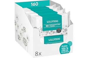 Toallitas limpiadoras cara y manos LILLYDOO, 160 unidades (8 x 20), 100% tejido libre de plástico, sin perfumes