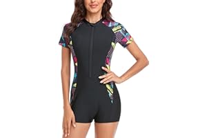 FEOYA Womens One Piece Rash Guard Swimming Costume Women Long Sleeve/Short Sleeve Swimsuit Zip Up Surf Bathing