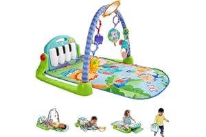 Fisher-Price- Palestrina Baby Piano 4-in-1 Verde/Blu con Pianoforte, Tappetino con Giocattoli, per Neonati 0+Mesi, HBB73, Imballaggio Sostenibile