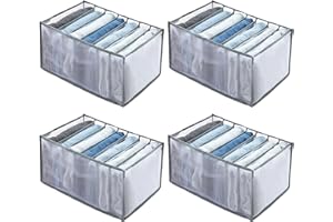 RoxNvm Wardrobe Storage Organiser, 4 Pcs Clothes Drawer Organisers, 7 Grids Jeans Organiser, Large Capacity Wardrobe Clothes Organiser with Breathable Mesh for Jeans T-shirts Leggings(Grey)