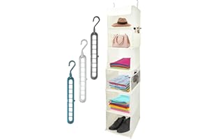 Prismian Organizer Armadio, Organizzatore Armadio Salvaspazio - 6 Ripiani Per Armadio Interno, Portaoggetti Da Appendere Pieghevole, Porta Borse Da Armadio con 4 Tasche Laterali, 2 Ganci, 3 Grucce