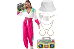 80er 90er Jahre Outfit Jumpsuit Damen, Trainingsanzug Overall Hoodie, Jogginganzug mit Aufblasbarer Ghettoblaster Hut Gläser Halskette Ohrringe,Karneval Fasching Mottoparty Kostüm