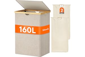 Lifewit 160L Panier a Linge 2 Compartiment en Bambou, Corbeille a Linge Pliable avec Couvercle, Grand Bac a Linge avec Double Sacs Amovibles pour Chambre, Salle de Bain, Buanderie, Beige