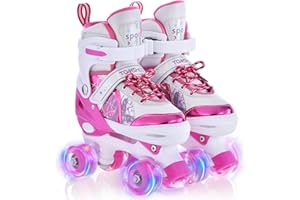TOMSHOO Roller Skates for Children Junior: Kids Roller Skates - 4 Sizes Adjustable Four Wheel Roller Boots Built In Adjuster, Luminous Wheels High-Top Shoes Indoor Outdoor - Roller Skates for Girls