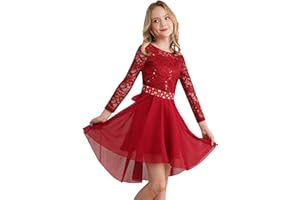 Freebily Robe Princesse Soiree Fille Enfant Robe De Ceremonie Mariage Manche Longue Dentelle Strass Chiffon A-Ligne Robes Ecole Eté Fete Party