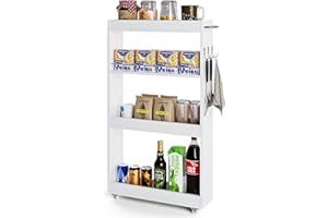 Rebonique Rolling Trolley, 4 Levels Kitchen Trolley, Recess Shelf, 13 cm Wide, Narrow Recess Trolley with Handle and 3 Hooks, Serving Trolley, Slim, White Storage Trolley for Kitchen, Bathroom, Living