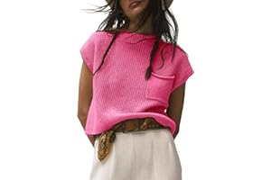 Saodimallsu Damski T-shirt sweter letni krótki rękaw sweter z dzianiny górna część okrągły dekolt lekki sweter z dzianiny basic topy koszulka koszulka z kieszenią