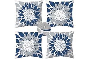 Qahing Pack of 4 Outdoor Waterproof Pillow Covers 16x16 Decorative Outdoor Throw Pillows Garden Square Cases for Patio Furniture, Couch, Tent Sunbrella, Bench, Blue Grey