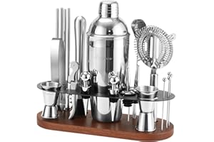 ASOVNIS Kit Shaker à Cocktails avec Support | Ensemble de 23 pièces pour Barman avec Tous Les Accessoires Essentiels : Shaker à Martini, doseur, pour la Maison, Le Bar et Les fêtes (Brown-Y)