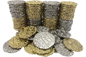 THE GRINNING GARGOYLE Metal Pirate Coins - Gold and Silver Coin Set - Replica Spanish Doubloons for Board Games, Tokens, Cosplay - Realistic Money Props Pirate Party Decorations Doubloon Replicas with Pouch (100 x 22mm)