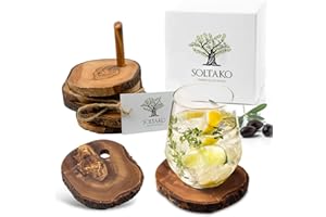 SOLTAKO Sottobicchieri rustici in legno d'ulivo, set di 6 sottobicchieri resistenti al calore, ceppo di legno d'ulivo con foro, portacandele, set di ceppi decorativi, decorazione di San Valentino