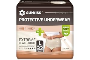 SUNKISS Pañales Adultos Mujer, Bragas Desechables Incontinencia y Postparto, Ropa Interior Absorbente Máxima Protección, Color Beige, Talla L, 32 Unidades
