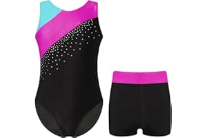 Oyolan Enfant Fille Justaucorps Gymnastique Strass avec Short Gym Danse Patinage Costume Spectacle Tenue 5-16 Ans