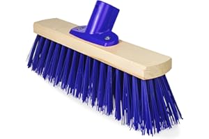 EASY PEASY MATE 12" Wooden Broom Head – Stiff Blue Bristles Heavy Duty Sweeping Brush with Handle Bracket for Garden & Outdoor Cleaning