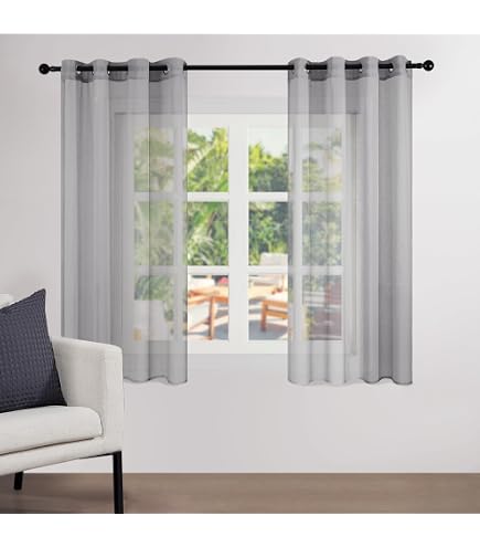 Rideaux Voilage PONY DANCE 2 Pièces - Effet Lin, Motif Croix Dégradé | 140x245 Cm | Gris Demi-Transparent