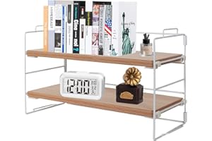 powerking Organizer na półkę na biurko, 2-poziomowa, malowana na biało metalowa rama i oryginalne półki na biurko z drewna tekowego, drewniany wielofunkcyjny stojak ekspozycyjny regał do