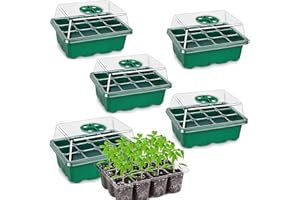 QHC sehen 5 Pack NEW Seed Trays 60 Cells with Heightened Lids, Plant Germination Potting Bench with Humidity Dome, Seed Propagator Tray Plant Starter for Greenhouse Plant