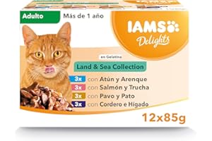 IAMS Delights Land & Sea Collection Alimento húmedo en gelatina, para gatos adultos con diversos sabores a carne y pescado, 12 x 85g