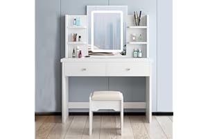 SAALU Schminktisch mit LED-Beleuchtung Spiegel,einstellbare Helligkeit, Schminktisch mit Stuhl, Frisiertisch mit 2 Schubladen und 4 Ablagen, Modern Kosmetiktisch aus Holz, Weiß (BY-HZG100-1)