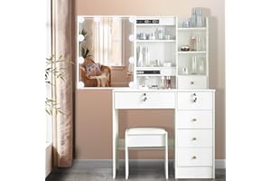 TOPHEHAN Dressing Table with LED Lights, White Vanity Makeup Table Set with Mirror and Stool, Modern Cosmetic Bedroom Dresser Make up Desk with Drawers and Shelves Storage Unit for Girls (Modern 06UK)