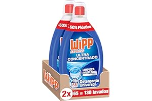 Wipp Express Detergente Líquido Ultra Concentrado (2 x 1.3 l, 130 lavados), detergente para lavadora con fórmula ultraconcentrada limpieza profunda plus y efecto frescor activo