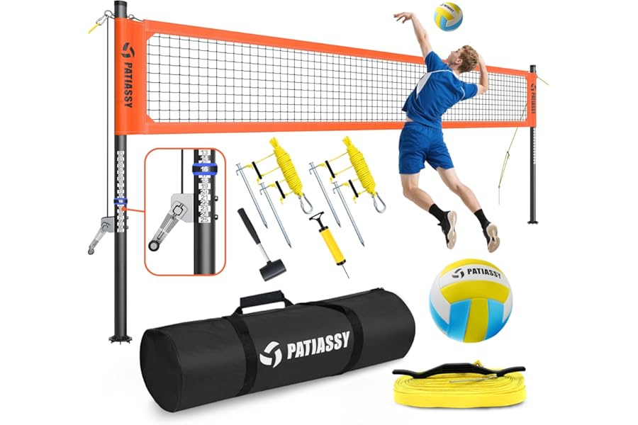 Patiassy Heavy Duty Volleyball Net, Professional Outdoor Set with Height Adjustable Anti-Rust Aluminum Poles, Winch System, Anti-Sag Design, Pump and Portable Carrying Bag for Beach, Backyard