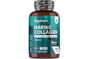 WEIGHTWORLD Hydrolysed Marine Collagen Tablets 1800mg - 2 Months Supply - Type I & III Peptides - with Vitamin C - 180 Tablets - Gluten-Free & Lactose-Free Collagen Supplements for Women & Men - Made in The UK