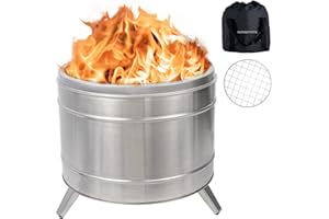 CHANGEMOORE Smokeless Fire Pit with Grill, Portable Stainless Steel Outdoor Firepit Wood Camping Stove with Foldable Legs and Carry Bag Safe for Camping, Cooking on Garden deck, Backyard and Beach, Large